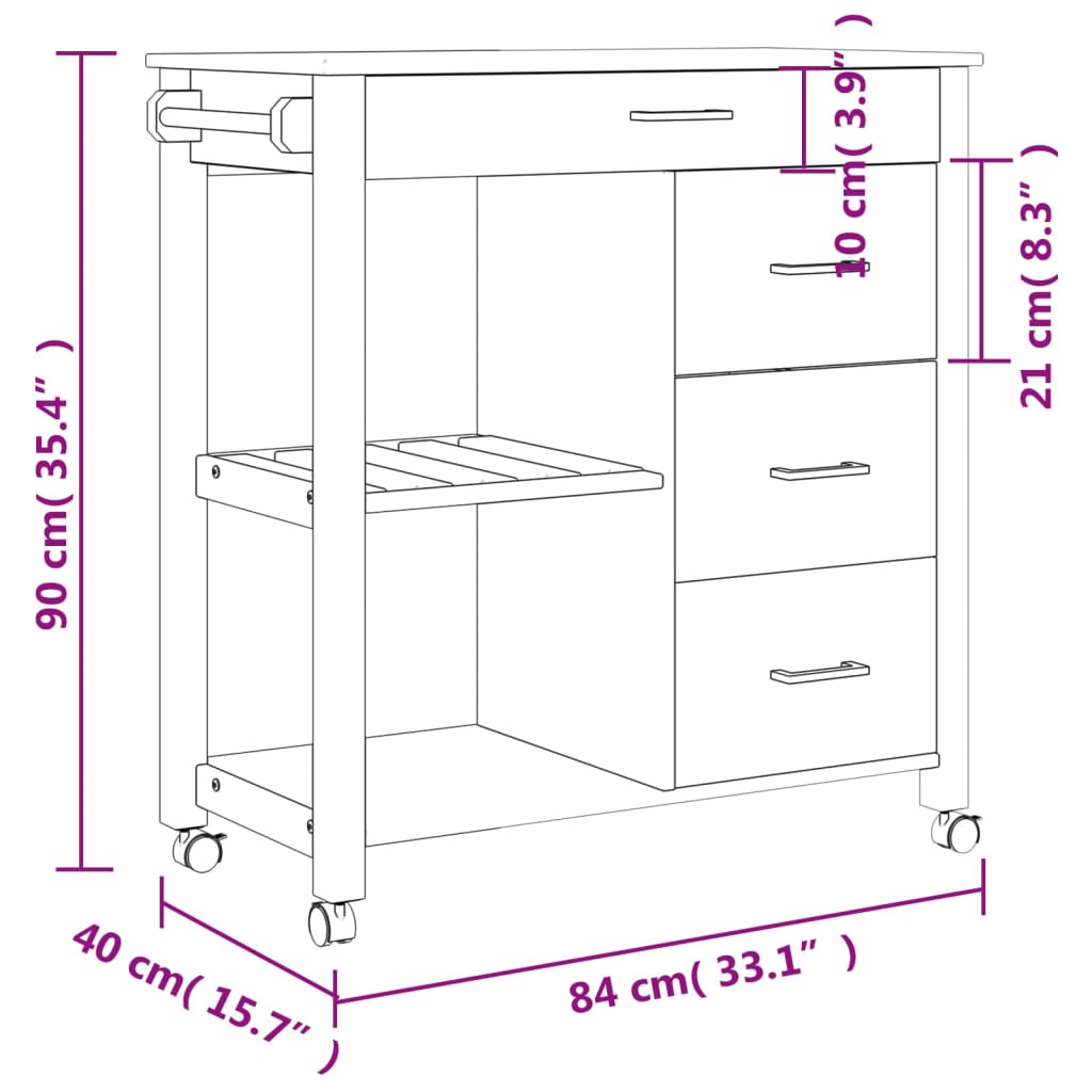 Kitchen Trolley MONZA 84x40x90 cm Solid Wood Pine