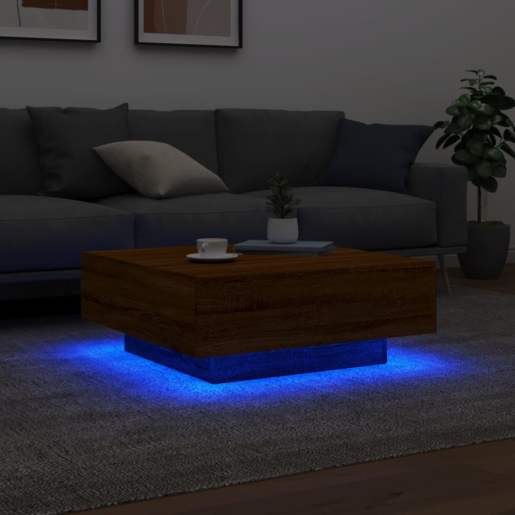 Coffee Table with LED Lights Brown Oak 80x80x31 cm