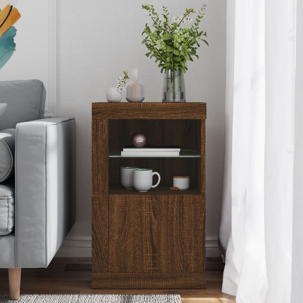 Side Cabinet with LED Lights Brown Oak Engineered Wood