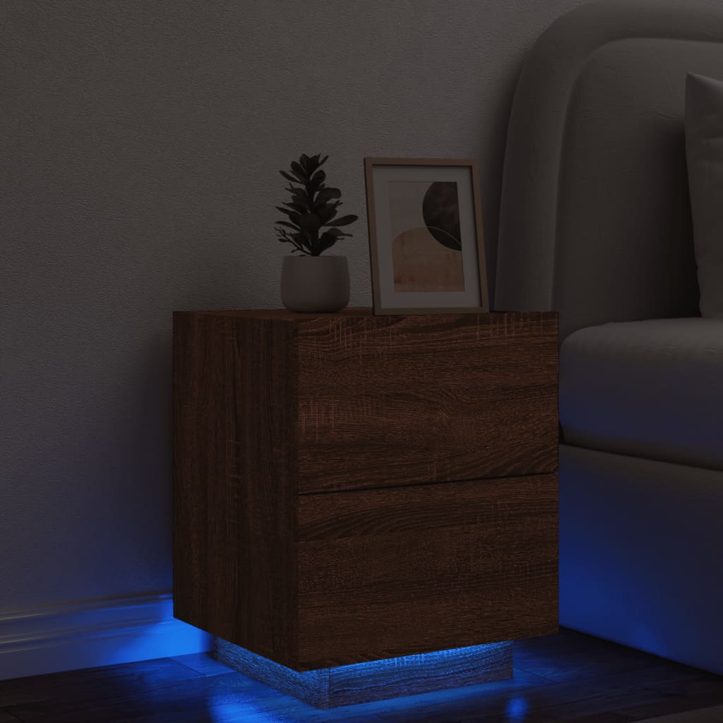 Bedside Cabinet with LED Lights Brown Oak Engineered Wood