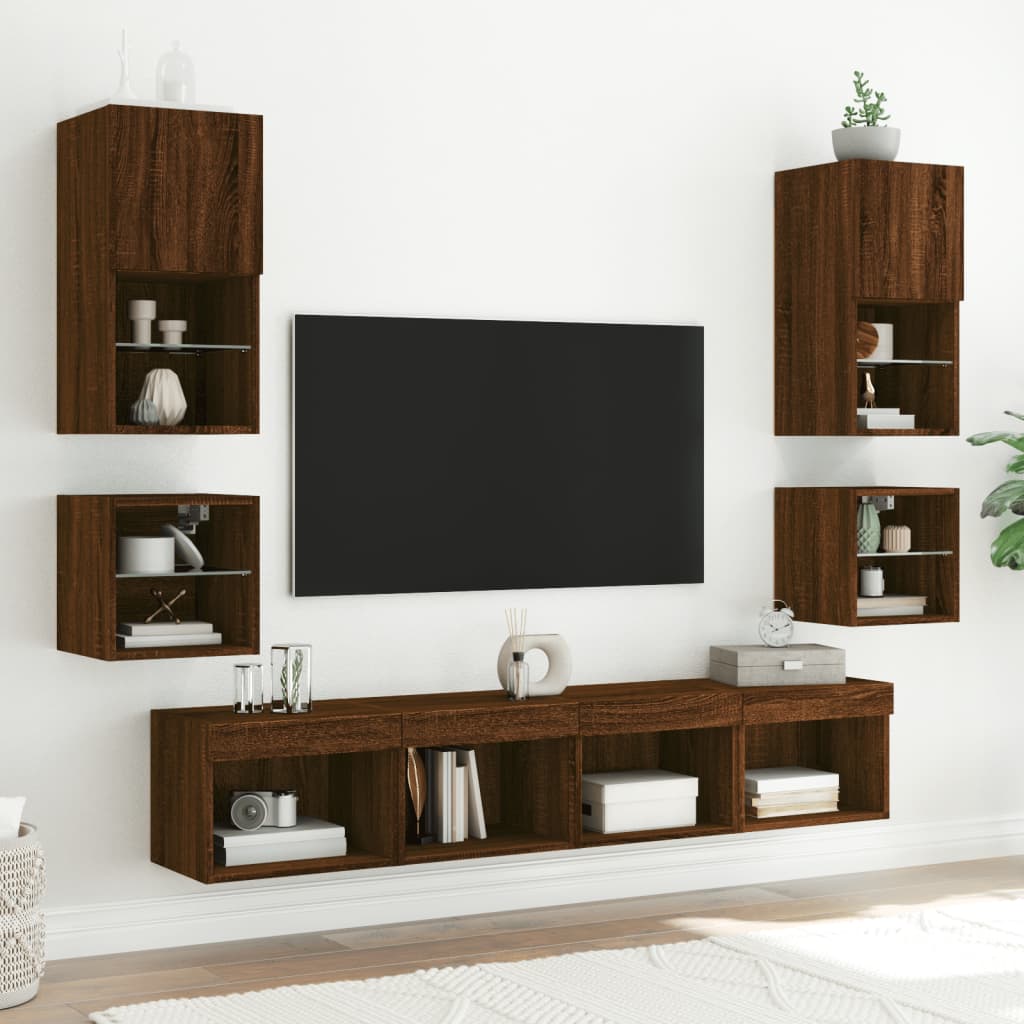 TV Wall Cabinet with LED Lights Brown Oak 30x28.5x30 cm