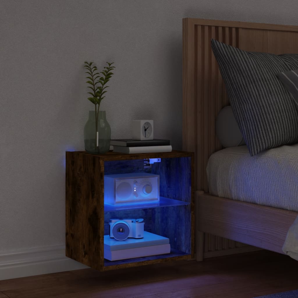 Bedside Cabinet with LED Lights Wall-mounted Smoked Oak