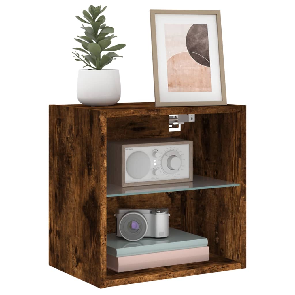 Bedside Cabinet with LED Lights Wall-mounted Smoked Oak