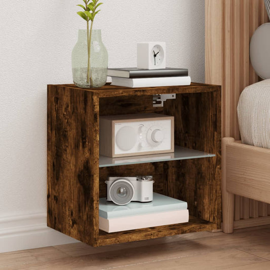 Bedside Cabinet with LED Lights Wall-mounted Smoked Oak