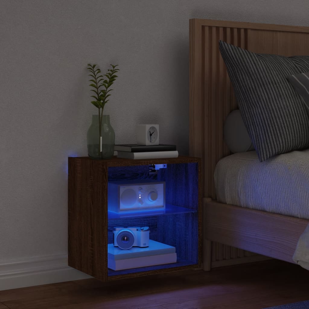 Bedside Cabinet with LED Lights Wall-mounted Brown Oak