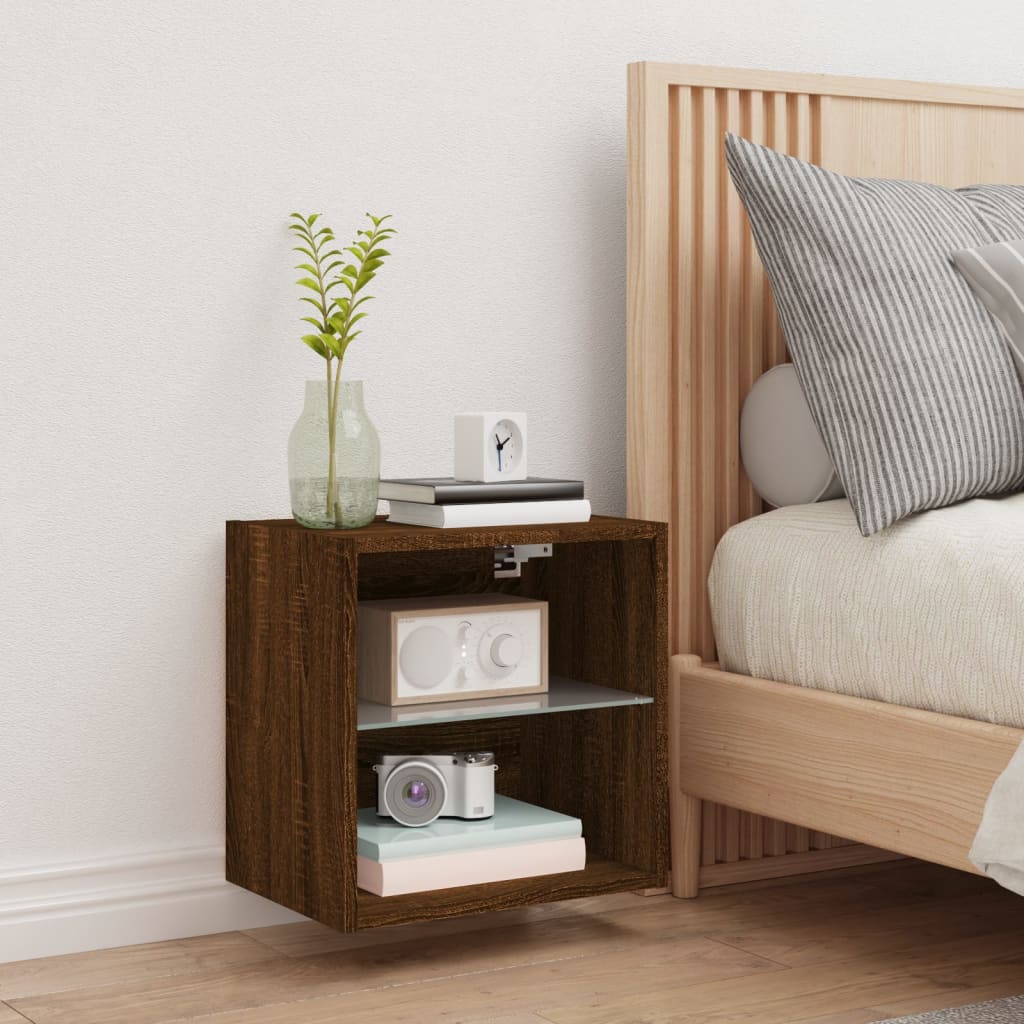 Bedside Cabinet with LED Lights Wall-mounted Brown Oak