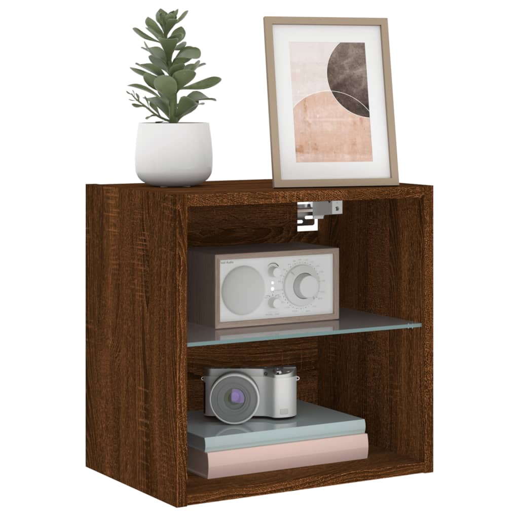 Bedside Cabinet with LED Lights Wall-mounted Brown Oak