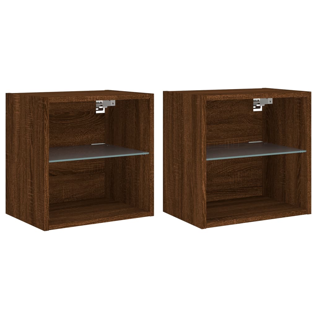 Bedside Cabinets with LED Lights Wall-mounted 2 pcs Brown Oak