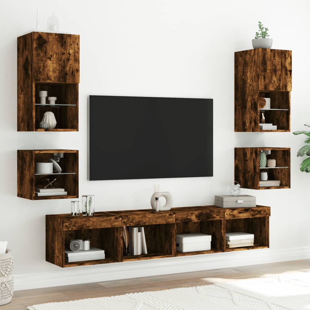 Bedside Cabinet with LED Lights Wall-mounted Smoked Oak