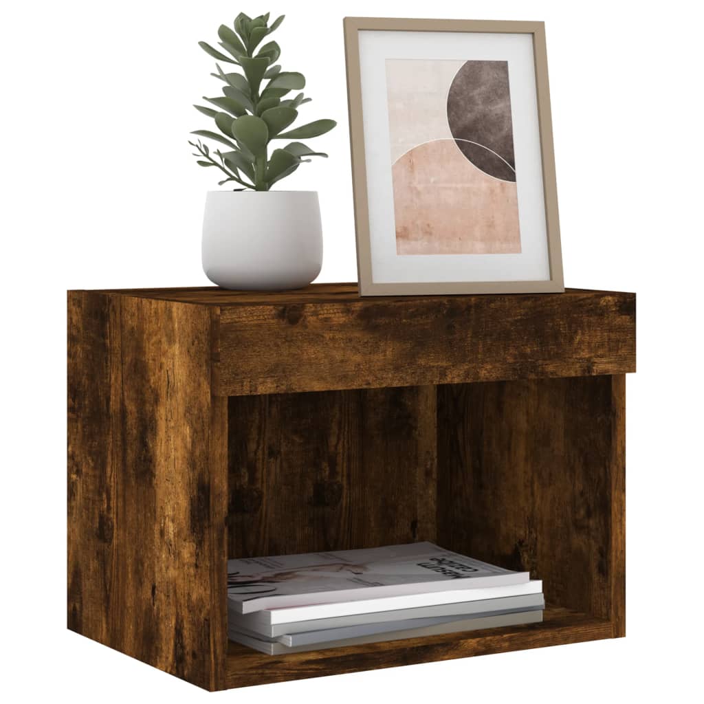 Bedside Cabinet with LED Lights Wall-mounted Smoked Oak