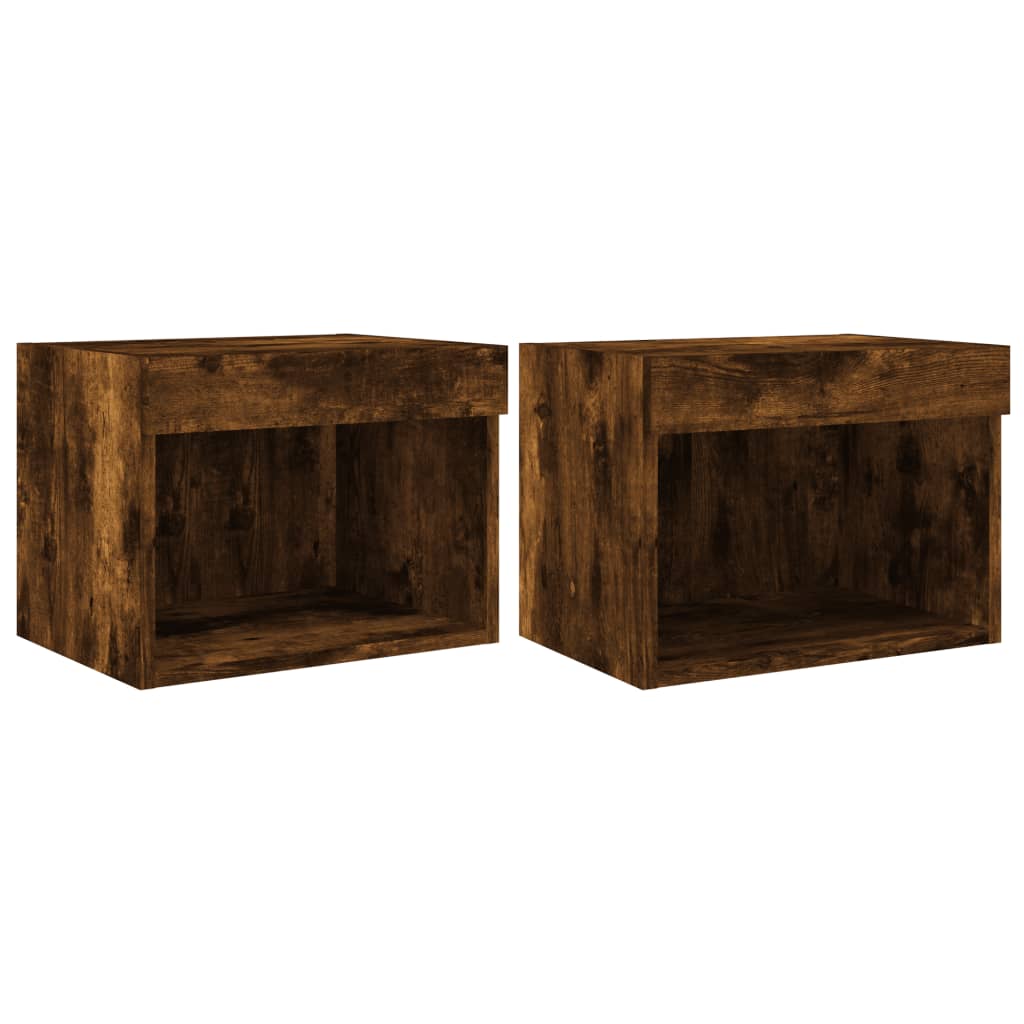 Bedside Cabinets with LED Lights Wall-mounted 2 pcs Smoked Oak