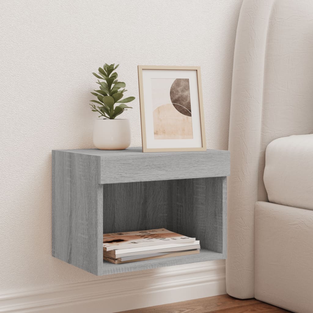 Bedside Cabinet with LED Lights Wall-mounted Grey Sonoma