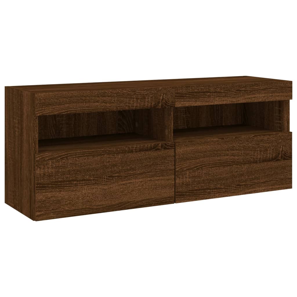 TV Wall Cabinet with LED Lights Brown Oak 100x30x40 cm