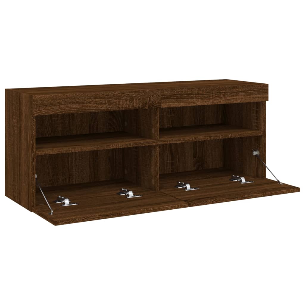 TV Wall Cabinet with LED Lights Brown Oak 100x30x40 cm