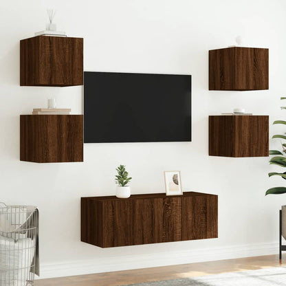 TV Wall Cabinet with LED Lights Brown Oak 30.5x35x30 cm