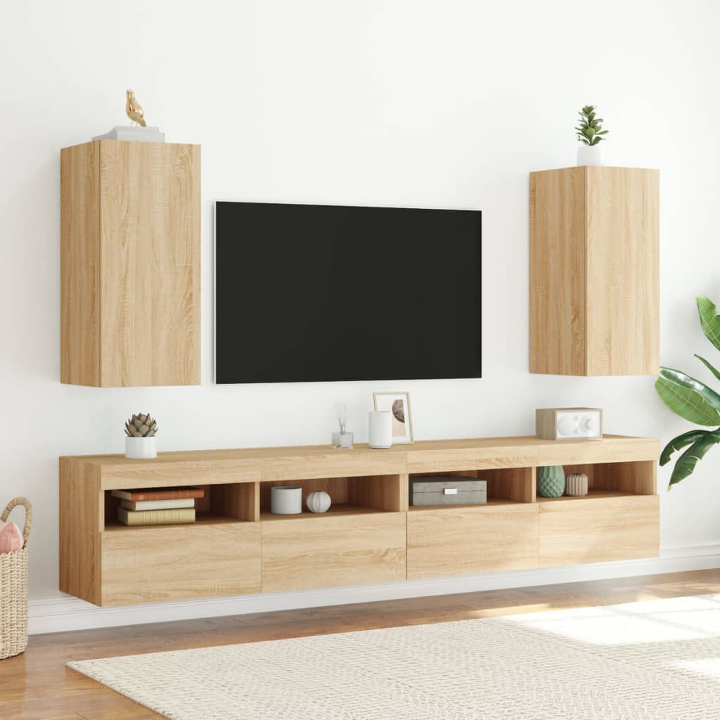 TV Wall Cabinet with LED Lights Sonoma Oak 30.5x35x70 cm