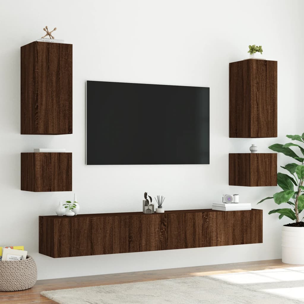 TV Wall Cabinet with LED Lights Brown Oak 40.5x35x40 cm