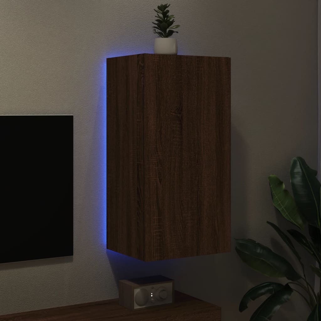 TV Wall Cabinet with LED Lights Brown Oak 40.5x35x80 cm