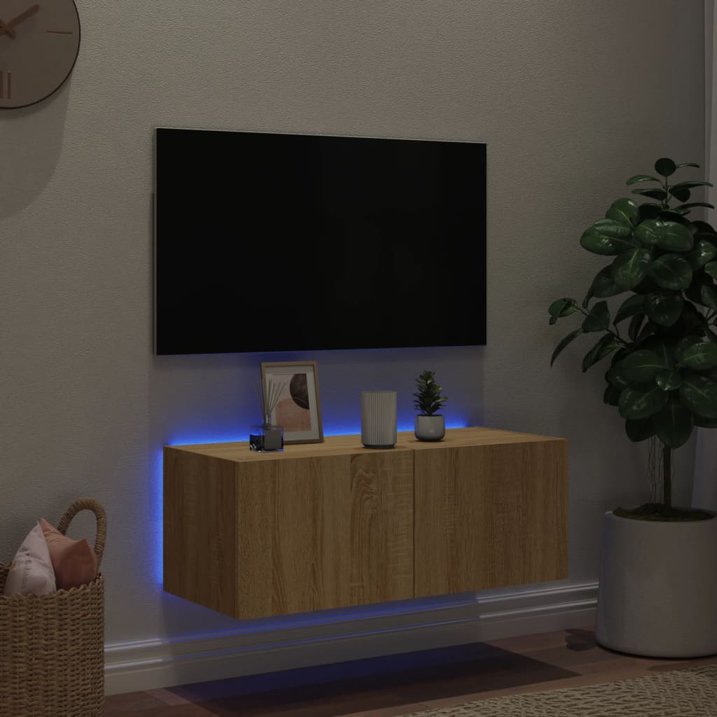 TV Wall Cabinet with LED Lights Sonoma Oak 80x35x31 cm