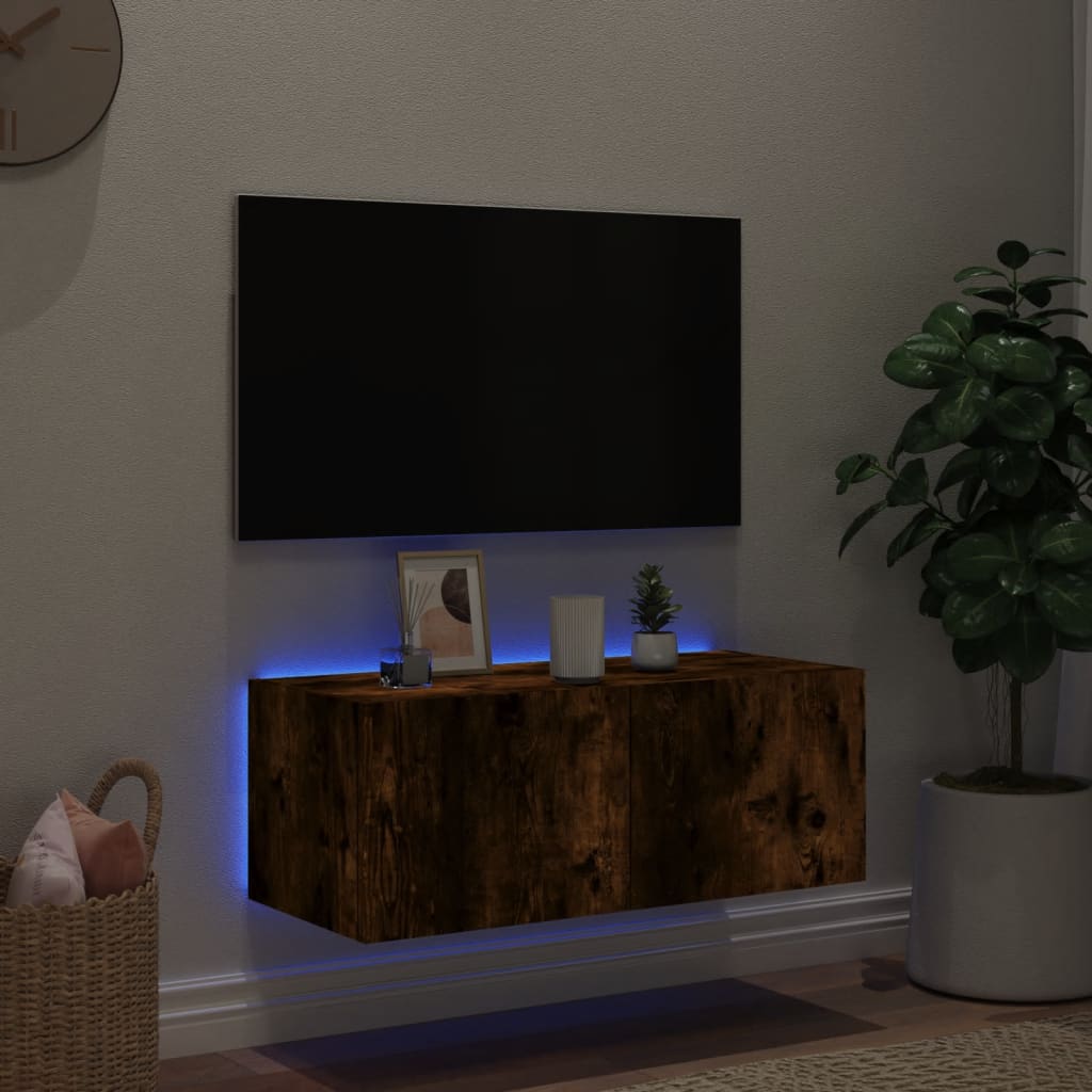 TV Wall Cabinet with LED Lights Smoked Oak 80x35x31 cm