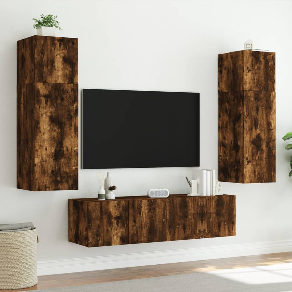 TV Wall Cabinet with LED Lights Smoked Oak 80x35x31 cm