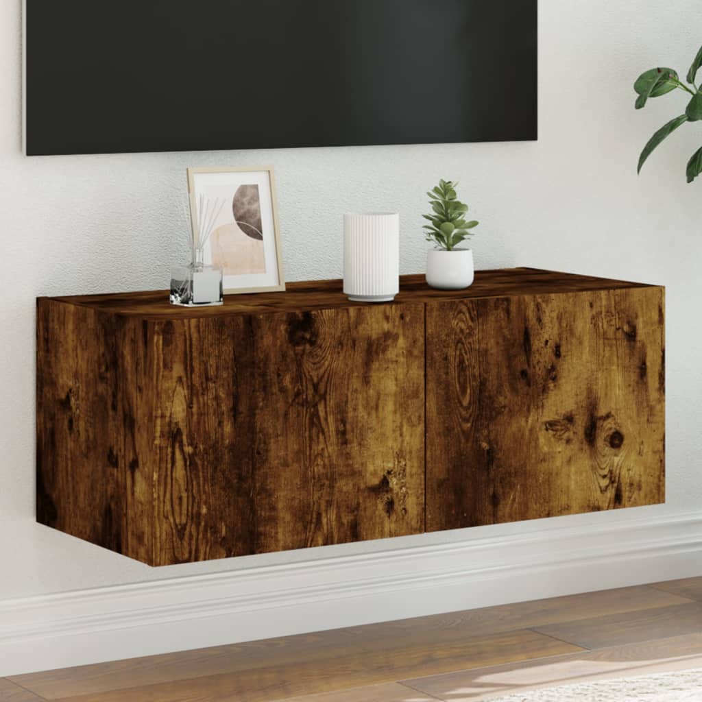 TV Wall Cabinet with LED Lights Smoked Oak 80x35x31 cm