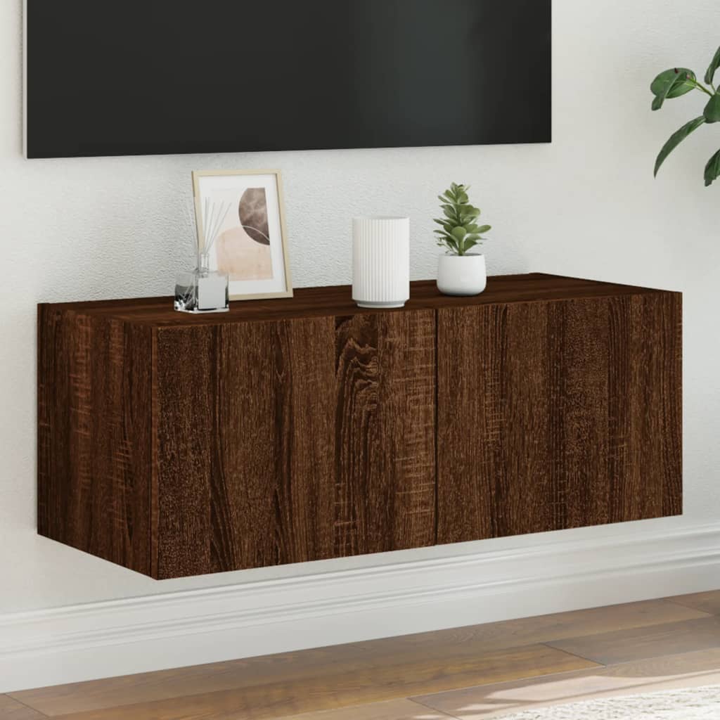 TV Wall Cabinet with LED Lights Brown Oak 80x35x31 cm