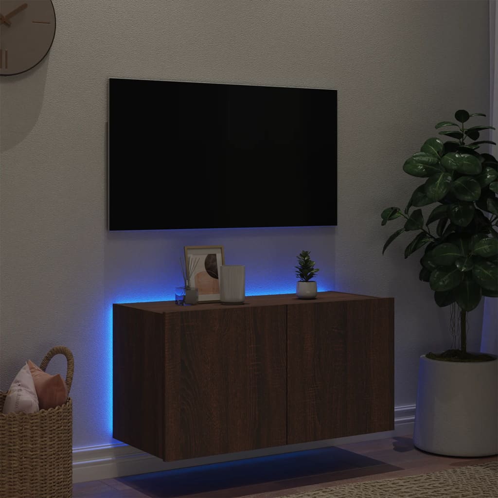 TV Wall Cabinet with LED Lights Brown Oak 80x35x41 cm