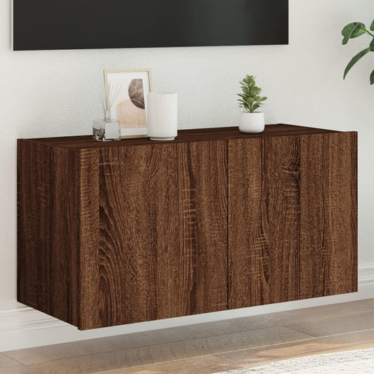 TV Wall Cabinet with LED Lights Brown Oak 80x35x41 cm