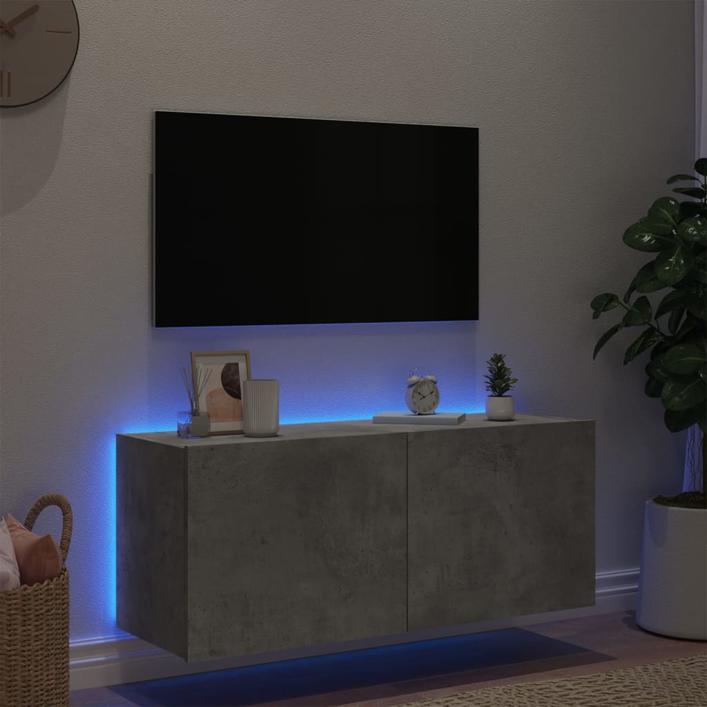 TV Wall Cabinet with LED Lights Concrete Grey 100x35x41 cm