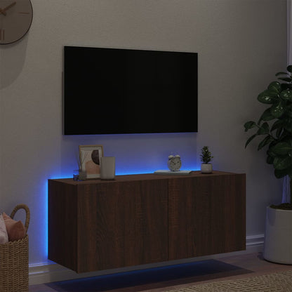 TV Wall Cabinet with LED Lights Brown Oak 100x35x41 cm