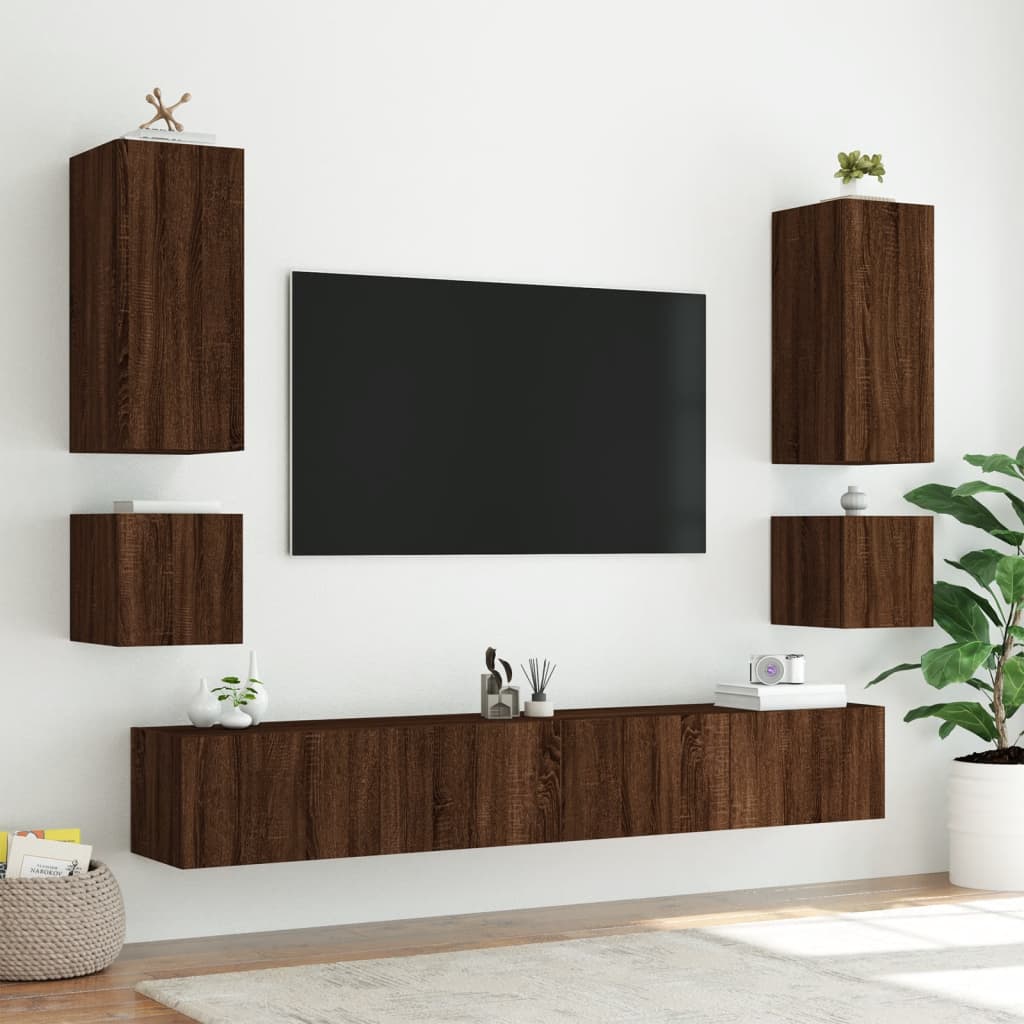 TV Wall Cabinet with LED Lights Brown Oak 100x35x41 cm