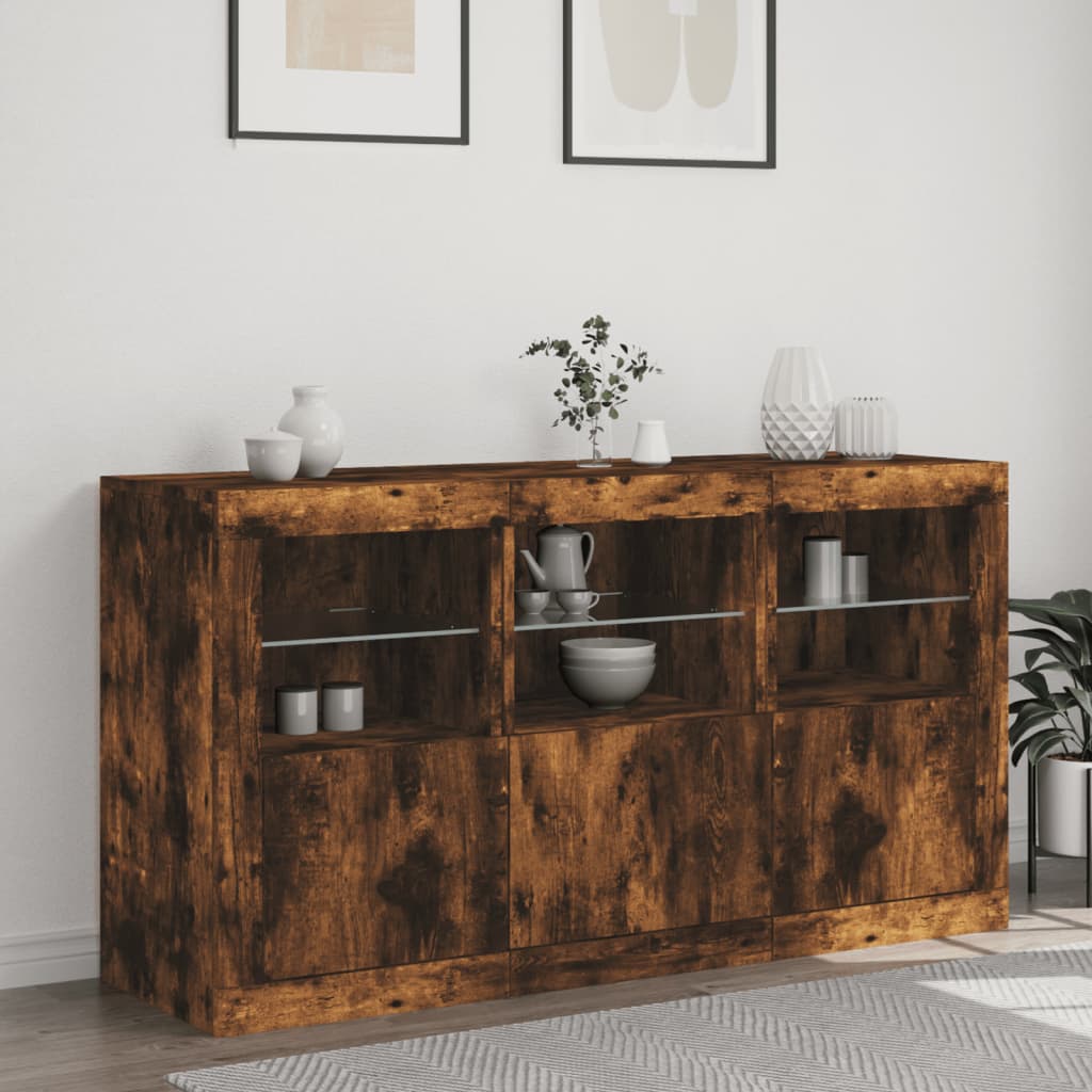 Sideboard with LED Lights Smoked Oak 123x37x67 cm