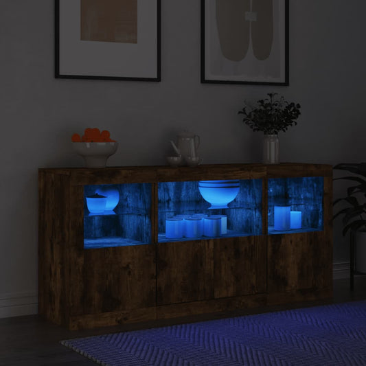 Sideboard with LED Lights Smoked Oak 142.5x37x67 cm