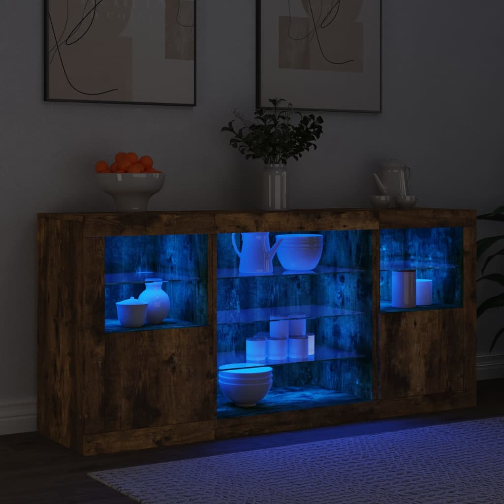 Sideboard with LED Lights Smoked Oak 142.5x37x67 cm