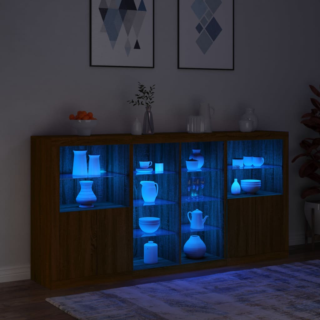 Sideboard with LED Lights Brown Oak 202x37x100 cm