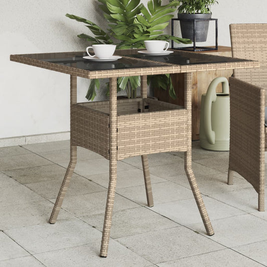 Garden Table with Glass Top Beige 80x80x75 cm Poly Rattan