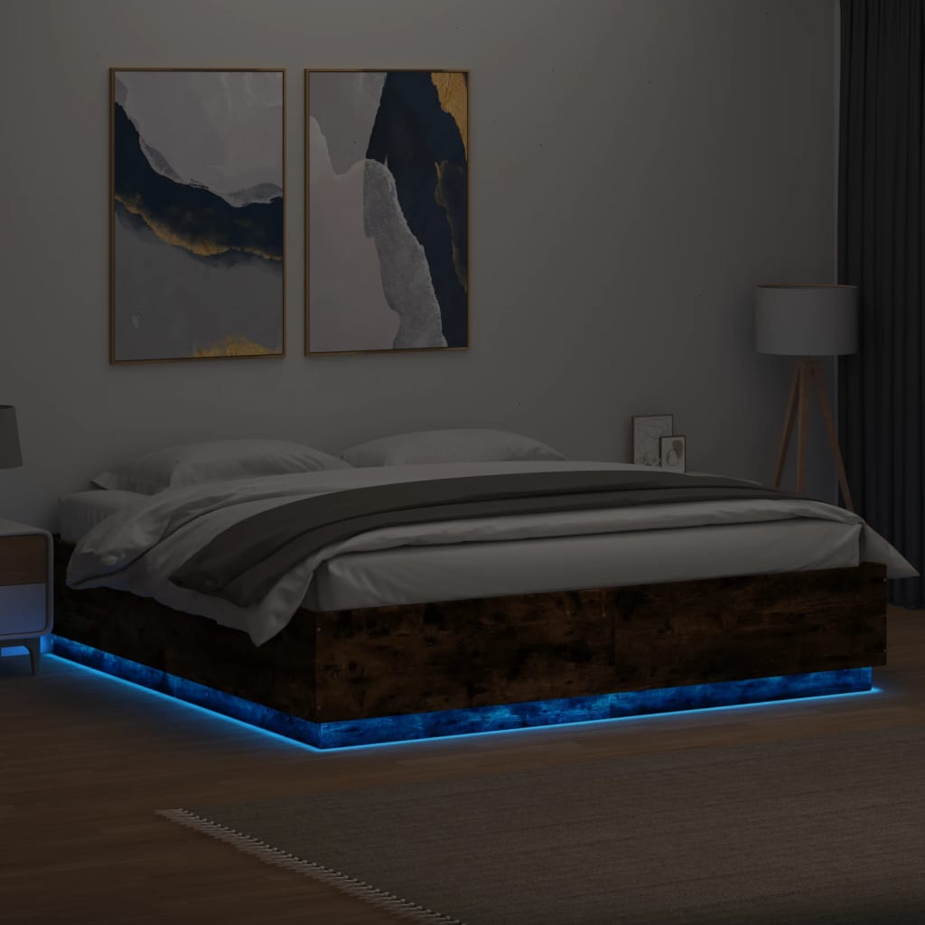 Bed Frame with LED without Mattress Smoked Oak 180x200 cm Super King