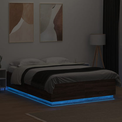 Bed Frame with LED without Mattress Brown Oak 160x200 cm