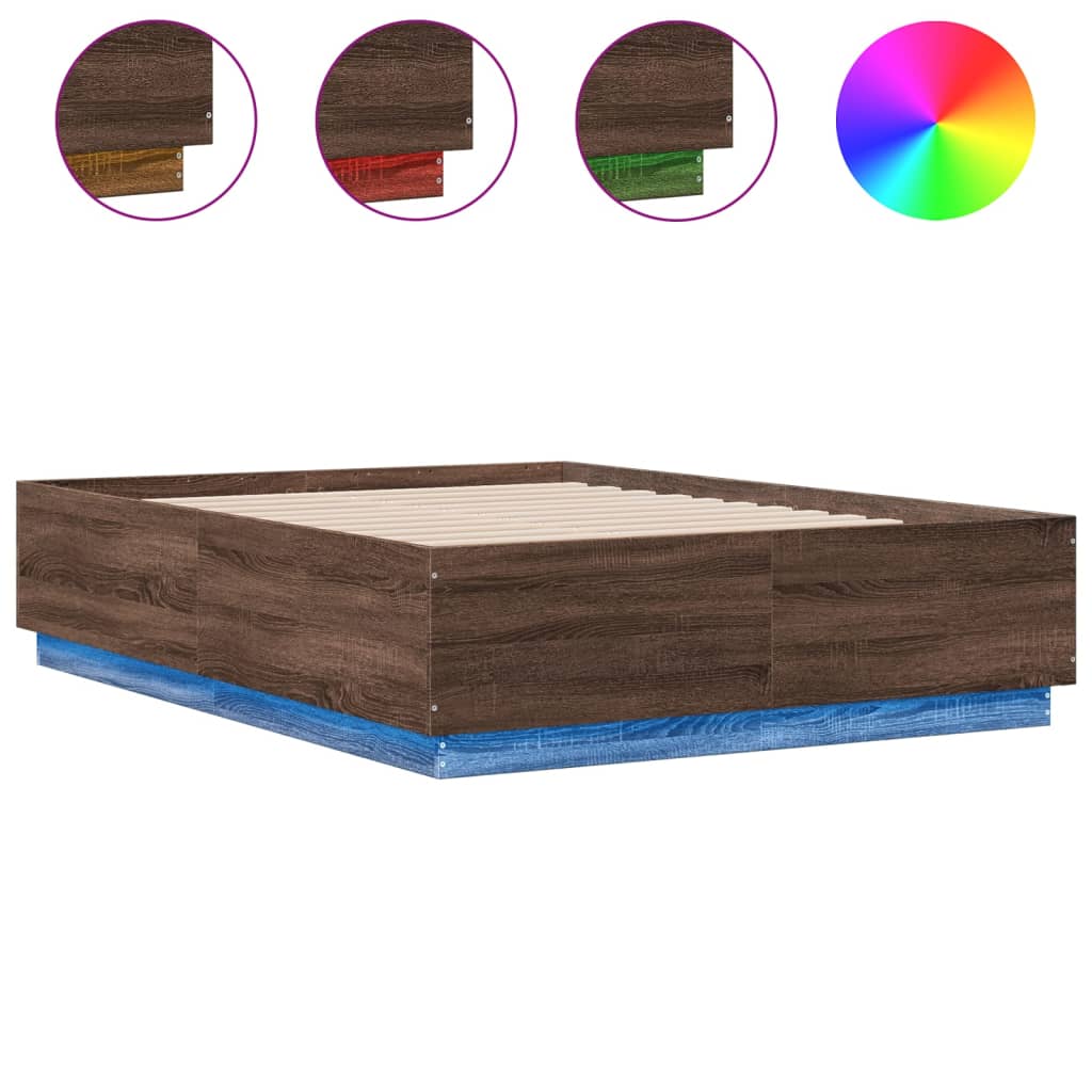 Bed Frame with LED Lights Brown Oak 135x190 cm Double Engineered Wood