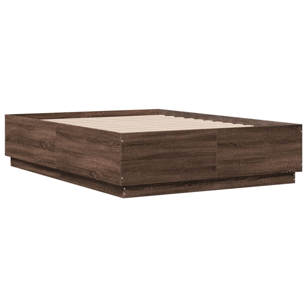 Bed Frame with LED Lights Brown Oak 135x190 cm Double Engineered Wood