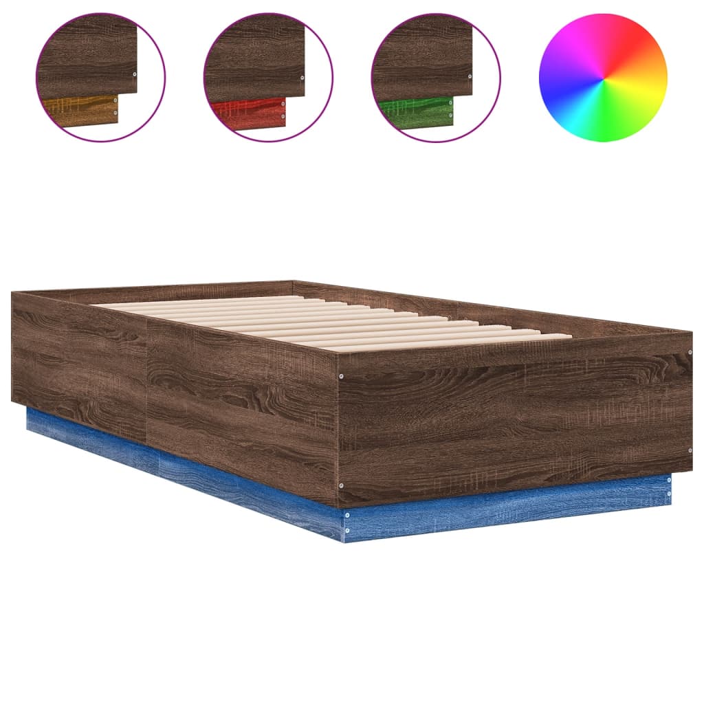 Bed Frame with LED without Mattress Brown Oak 90x190 cm Single