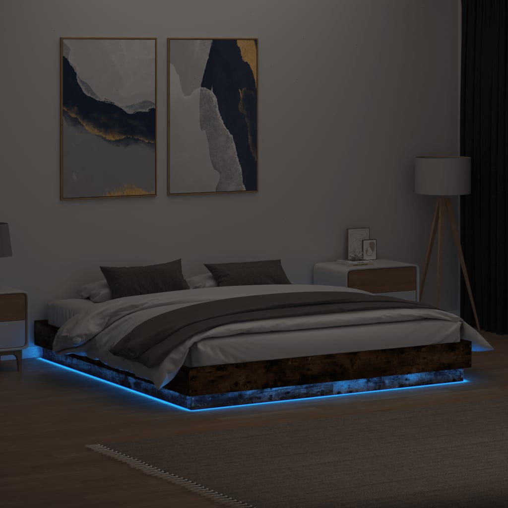 Bed Frame with LED Lights Smoked Oak 200x200 cm