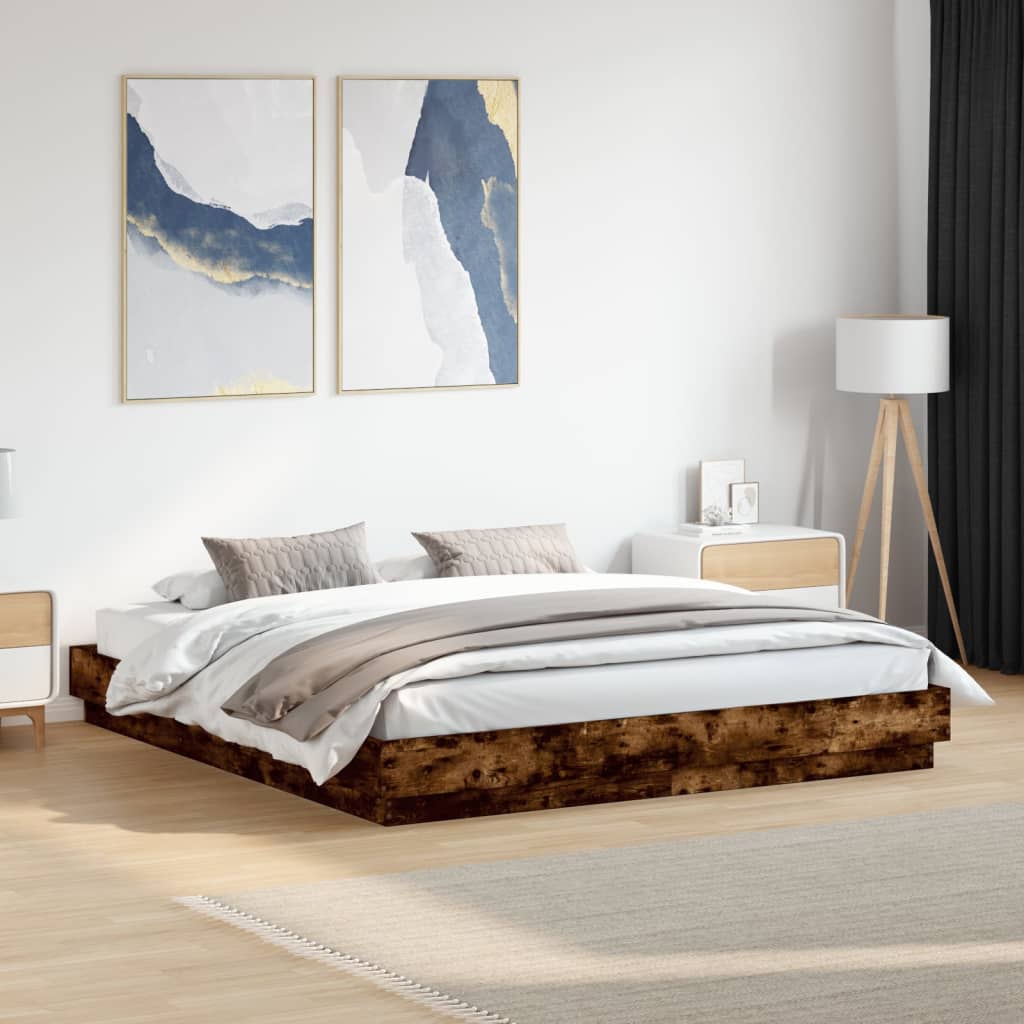 Bed Frame with LED Lights Smoked Oak 180x200 cm Super King