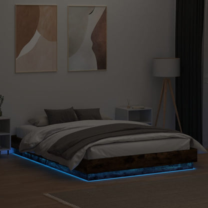 Bed Frame with LED Lights Smoked Oak 160x200 cm