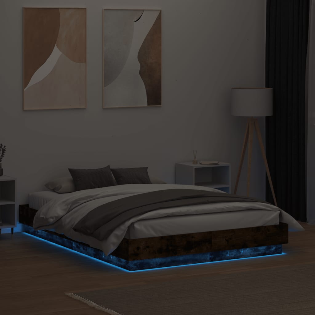 Bed Frame with LED Lights Smoked Oak 140x190 cm