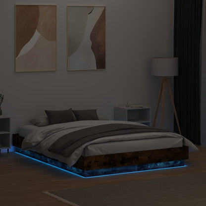 Bed Frame with LED Lights Smoked Oak 135x190 cm Double