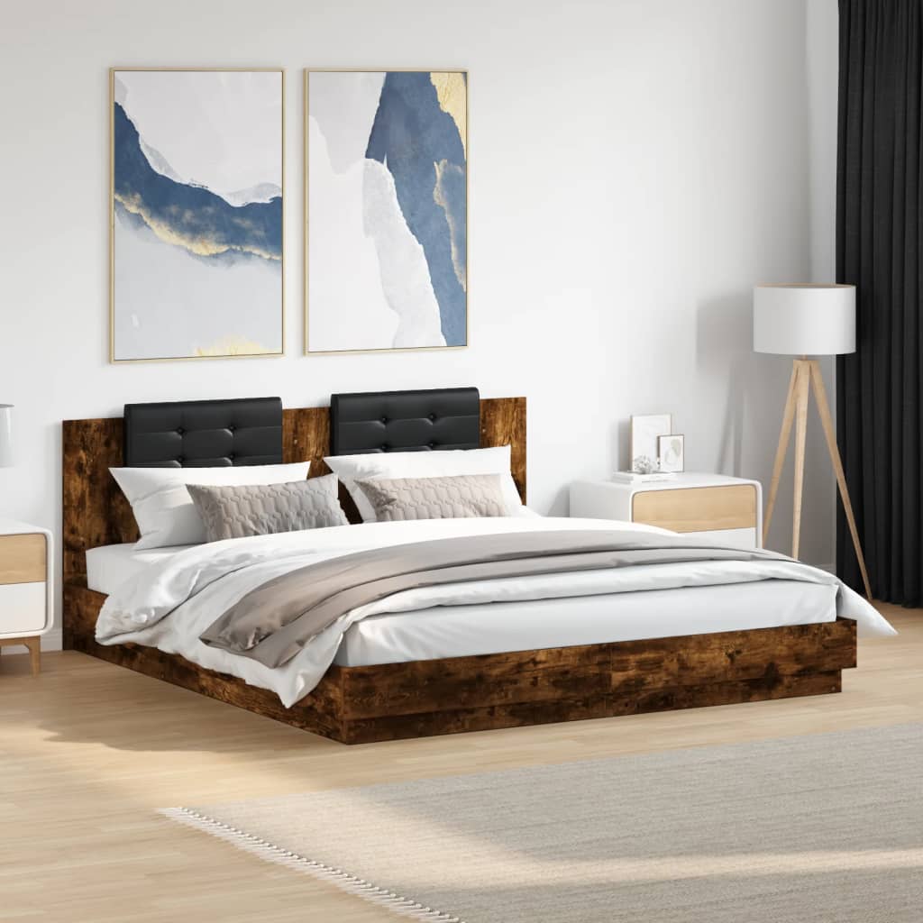 Bed Frame with Headboard Smoked Oak 200x200cm Engineered Wood