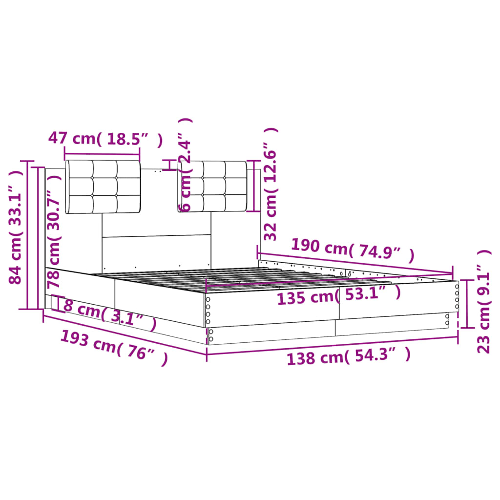 Bed Frame with Headboard Concrete Grey 135x190 cm Double Engineered Wood