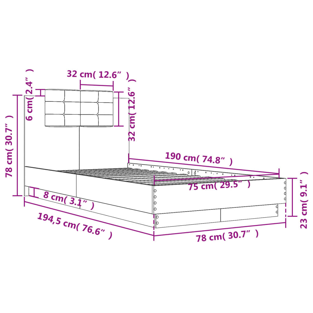 Bed Frame with Headboard Sonoma Oak 75x190 cm Small Single Engineered Wood